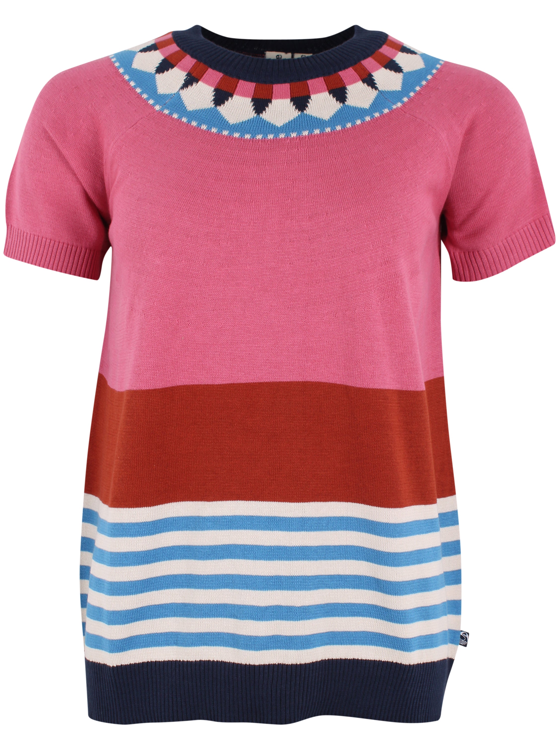 Sød farverig sweater i lyserøde, blå og hvide nuancer til kvinder