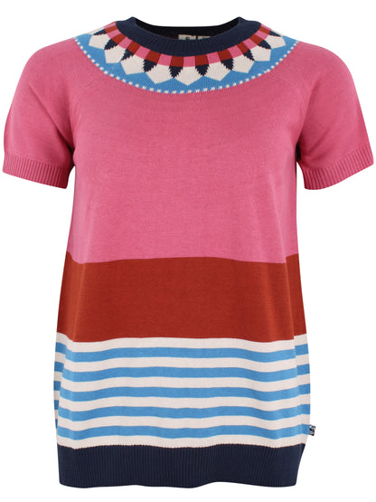 Sød farverig sweater i lyserøde, blå og hvide nuancer til kvinder