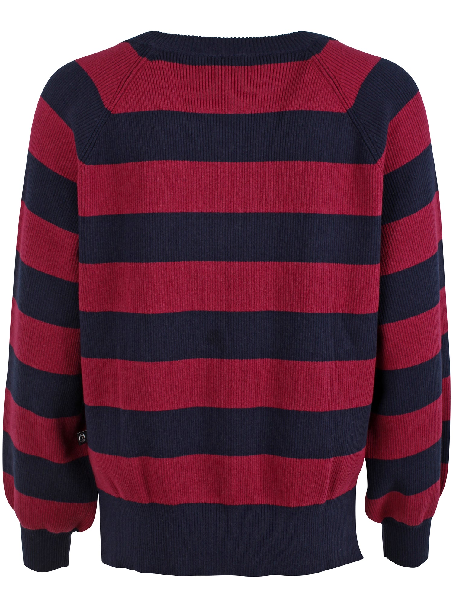 Flot chunky sweater med v-hals og blå og røde striber i uldblanding til kvinder