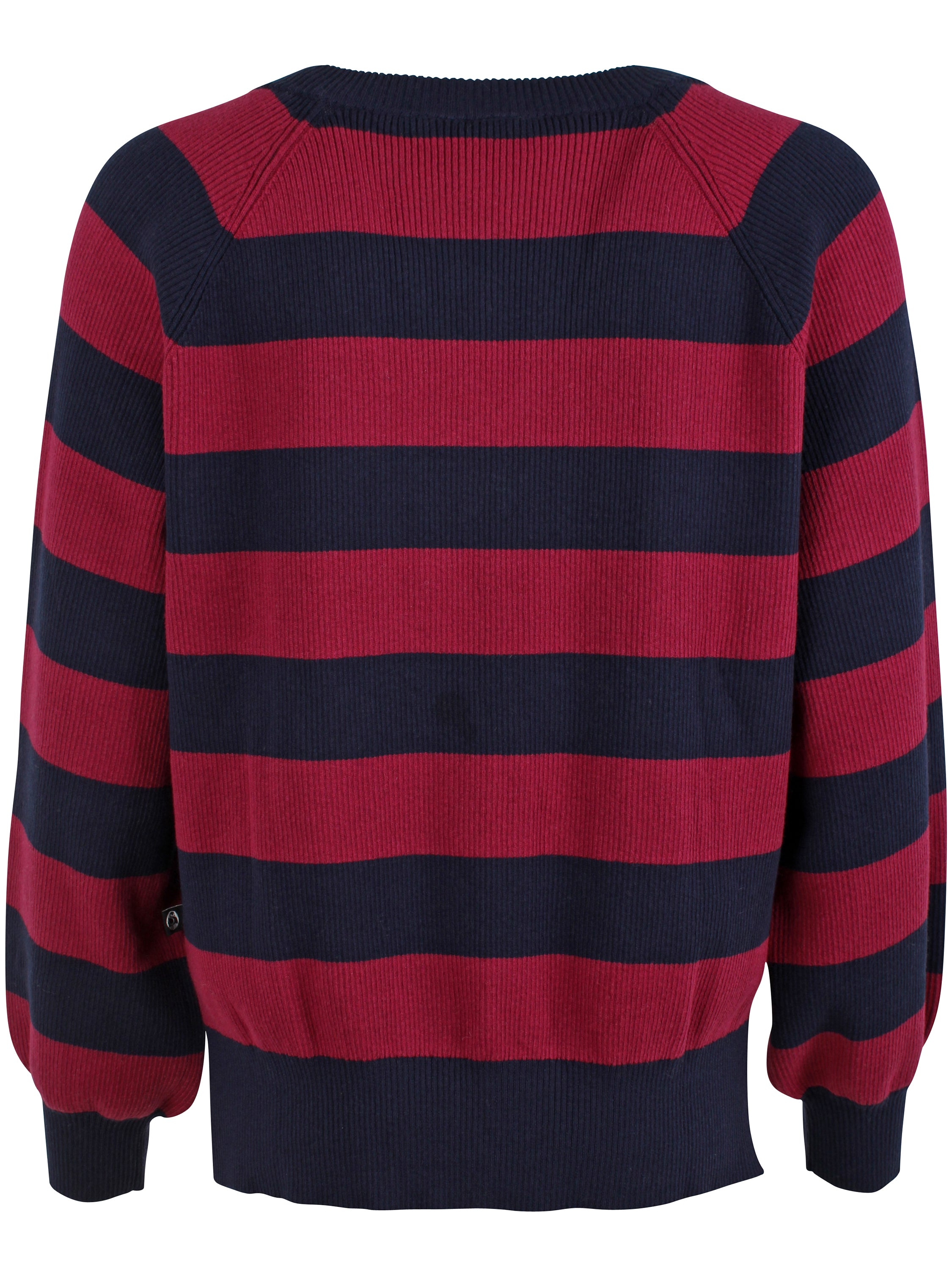 Flot chunky sweater med v-hals og blå og røde striber i uldblanding til kvinder