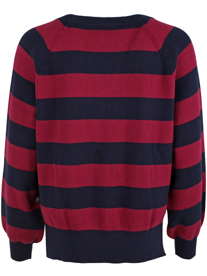 Flot chunky sweater med v-hals og blå og røde striber i uldblanding til kvinder