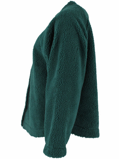 Elegant fuzzy fleecejakke i mørkegrøn med rund hals og knapper til kvinder