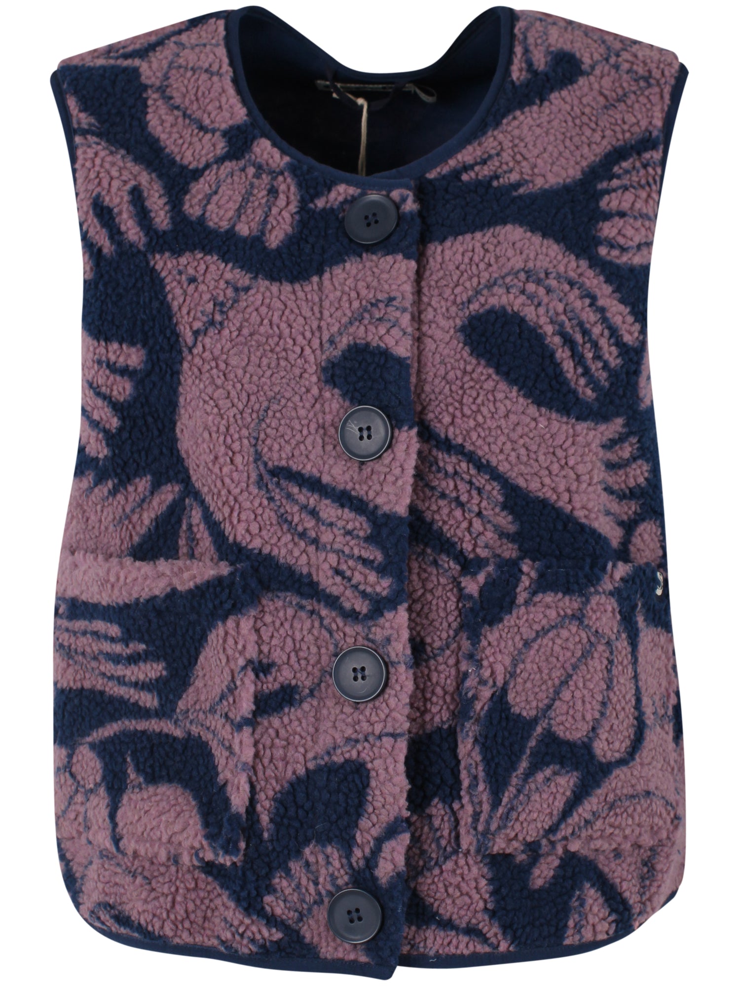 Flot fuzzy fleecevest i mørk navyblå og med mønster af fugle til kvinder