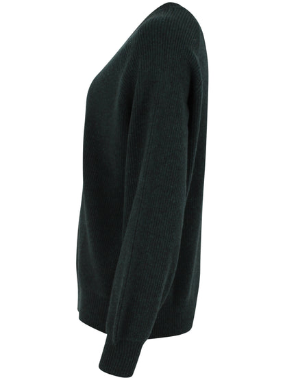 Smuk chunky sweater i 100% merinould med rund hals og i mørkegrøn nuance til kvinder