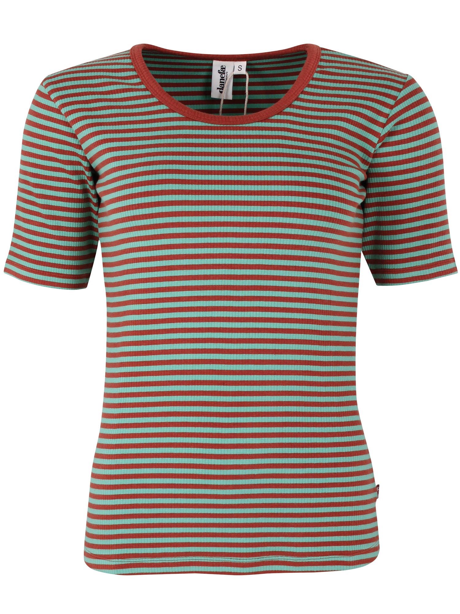 Stribet t-shirt i brændt rød og mintgrøn til kvinder