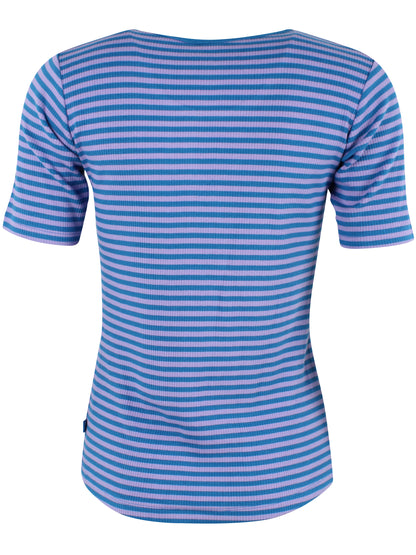 Stribet t-shirt i varm blå og lyslilla til kvinder