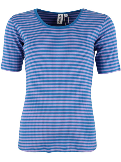 Stribet t-shirt i varm blå og lyslilla til kvinder