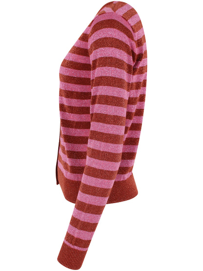 Sød cardigan med glitter og røde og lyserøde striber til kvinder