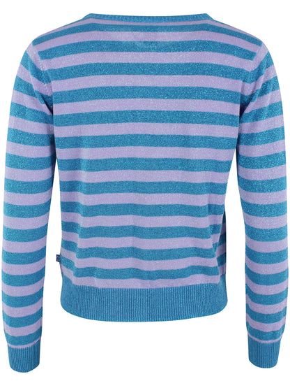 Sød glittercardigan med lyslilla og blå striber til kvinder