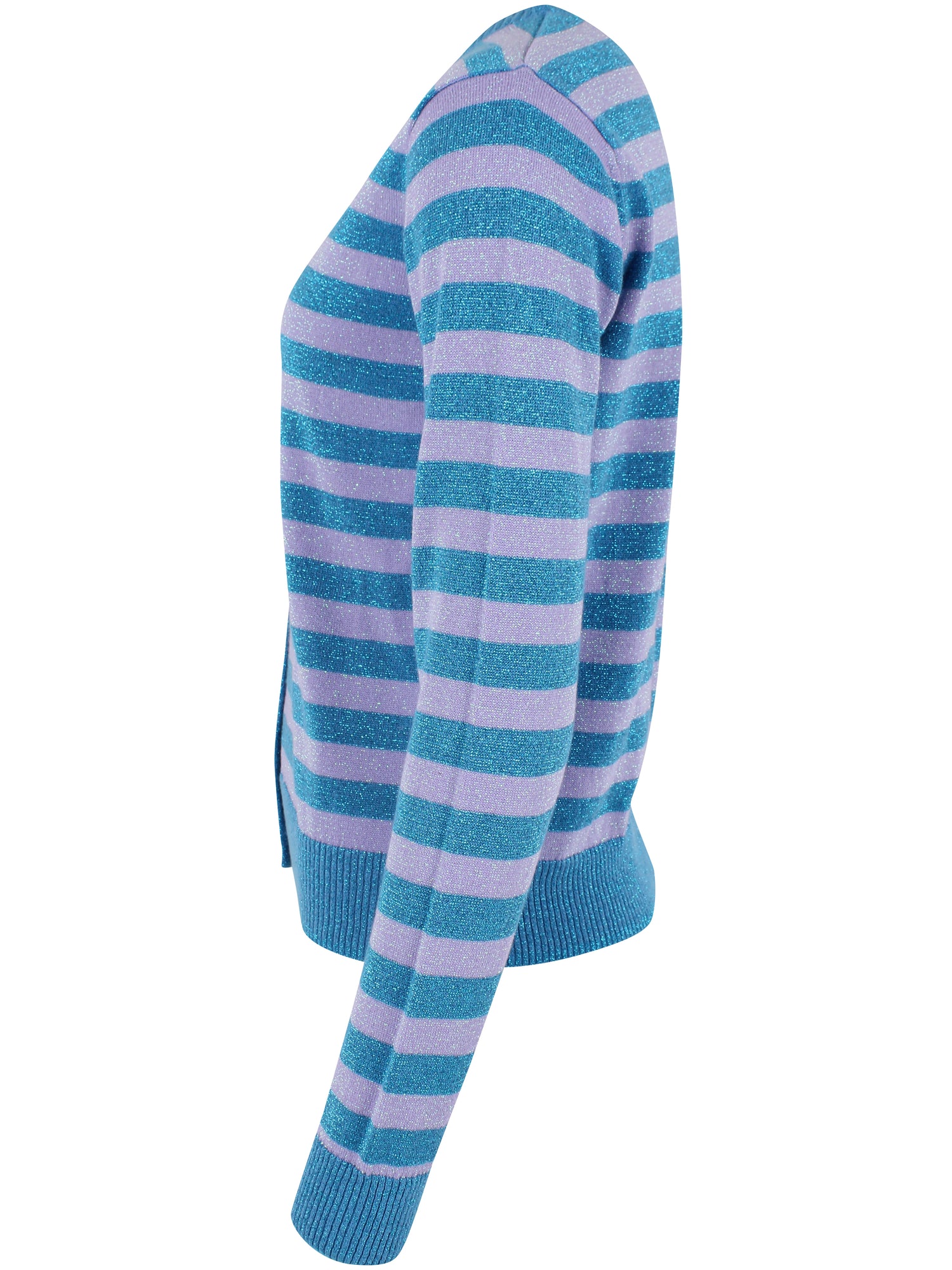 Sød glittercardigan med lyslilla og blå striber til kvinder