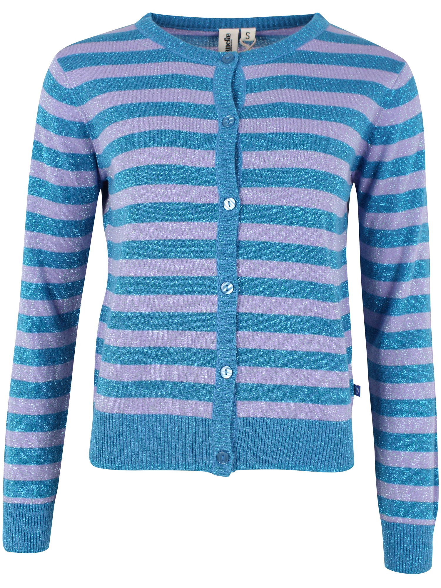 Sød glittercardigan med lyslilla og blå striber til kvinder