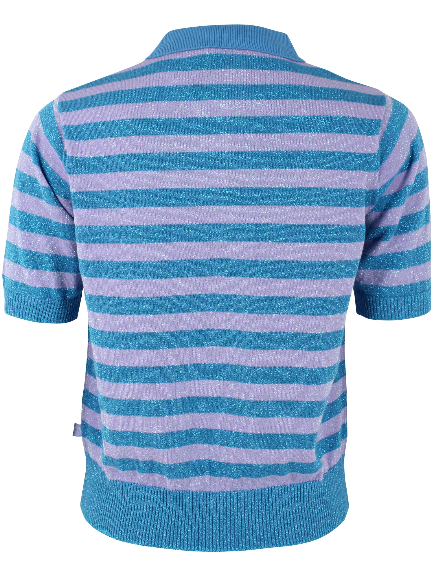 Smart stribet sweater i blå og lilla med glitter, krave og korte ærmer til kvinder