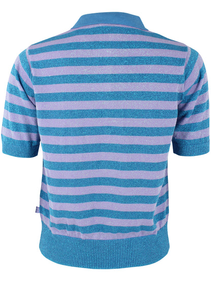 Smart stribet sweater i blå og lilla med glitter, krave og korte ærmer til kvinder