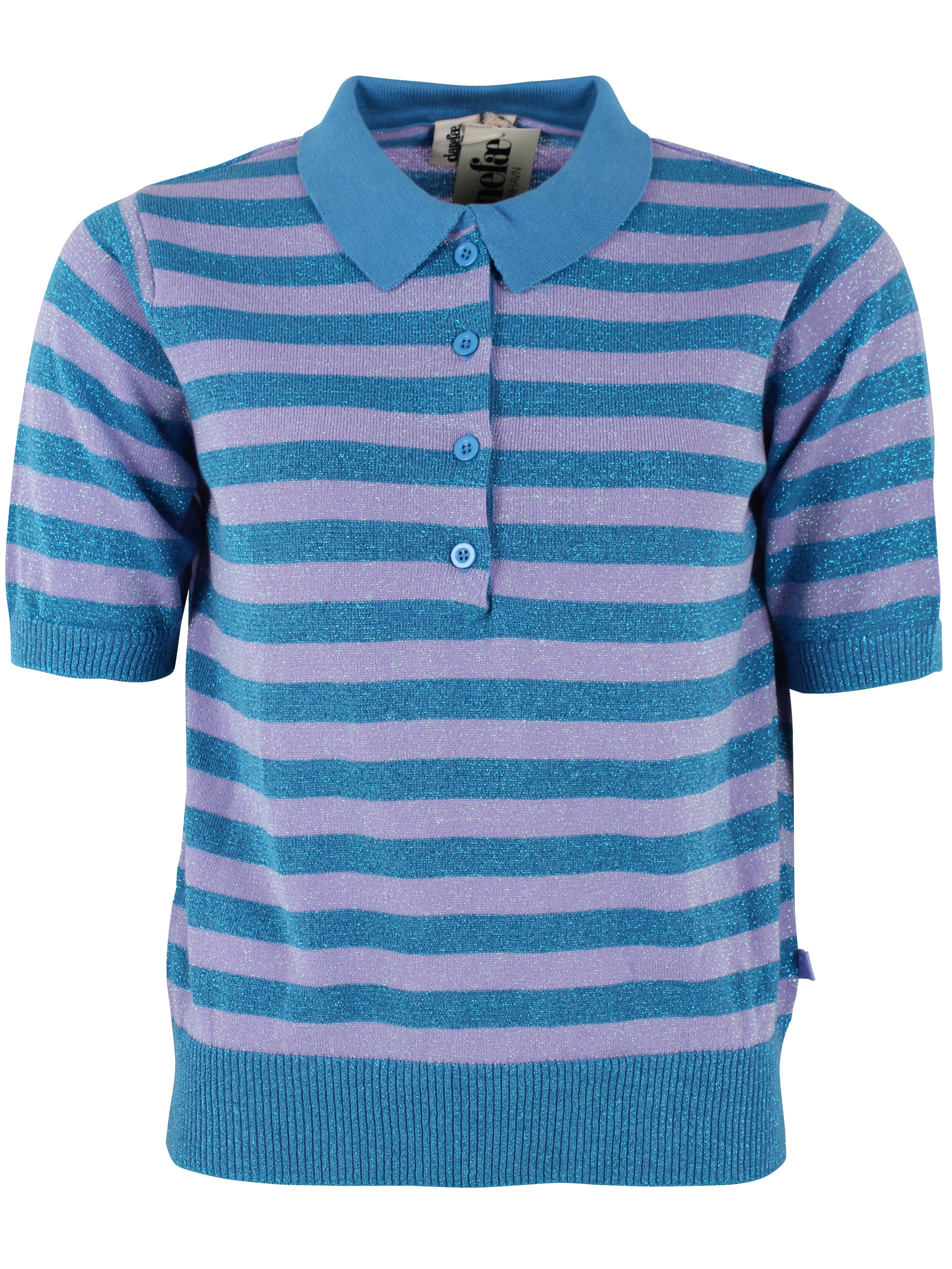 Smart stribet sweater i blå og lilla med glitter, krave og korte ærmer til kvinder