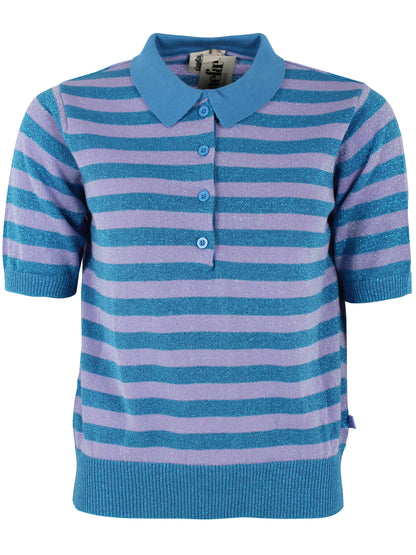 Smart stribet sweater i blå og lilla med glitter, krave og korte ærmer til kvinder