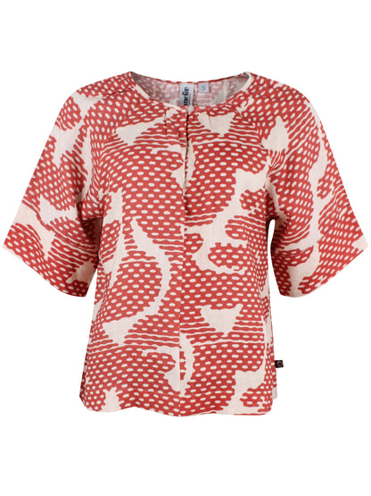 Sød skjortebluse i orangebrunt og sandfarvet mønster og lækker hørblanding til kvinder