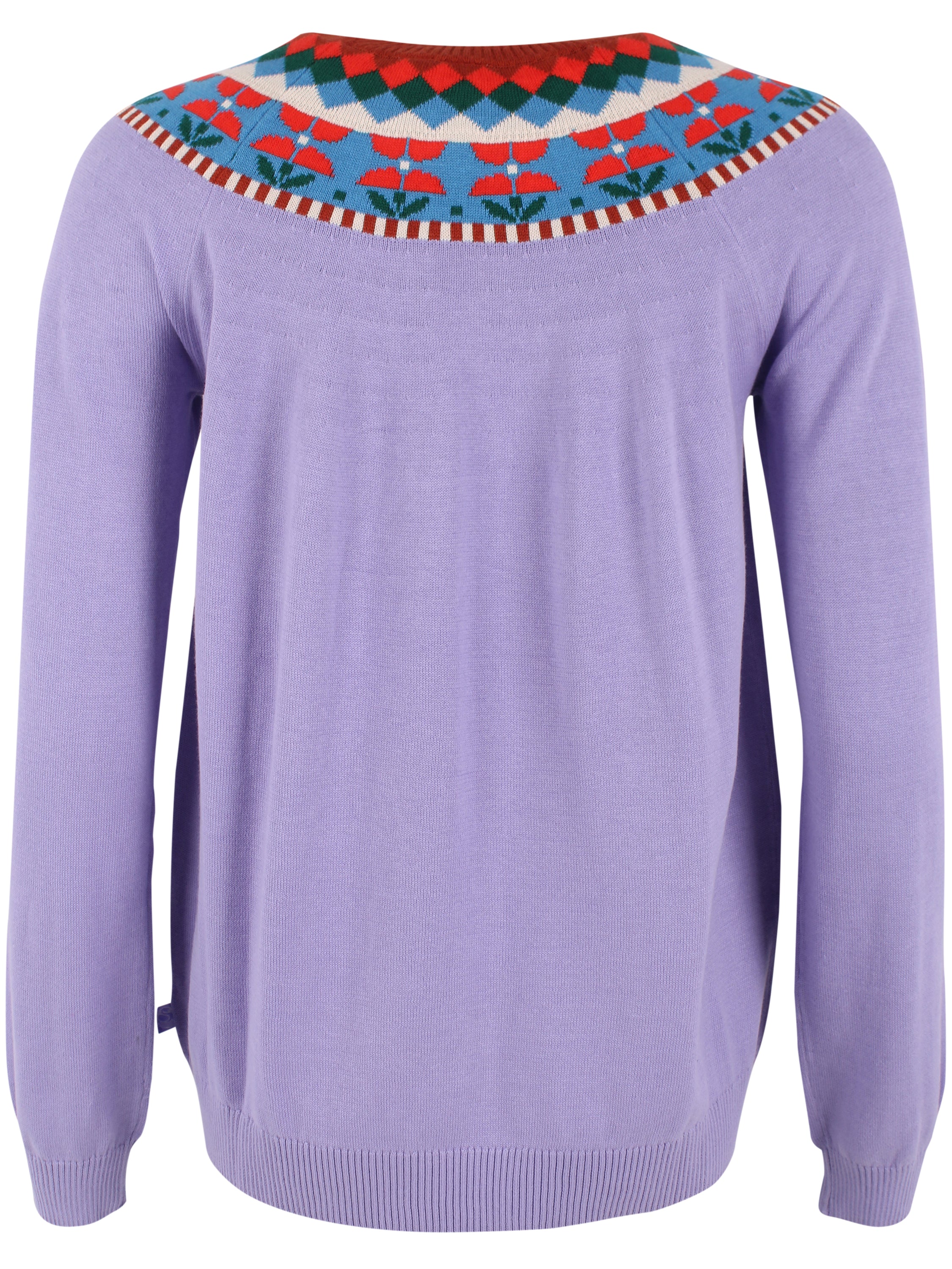 Sød sweater i lyslilla med flotte detaljer og blomstermønster til kvinder