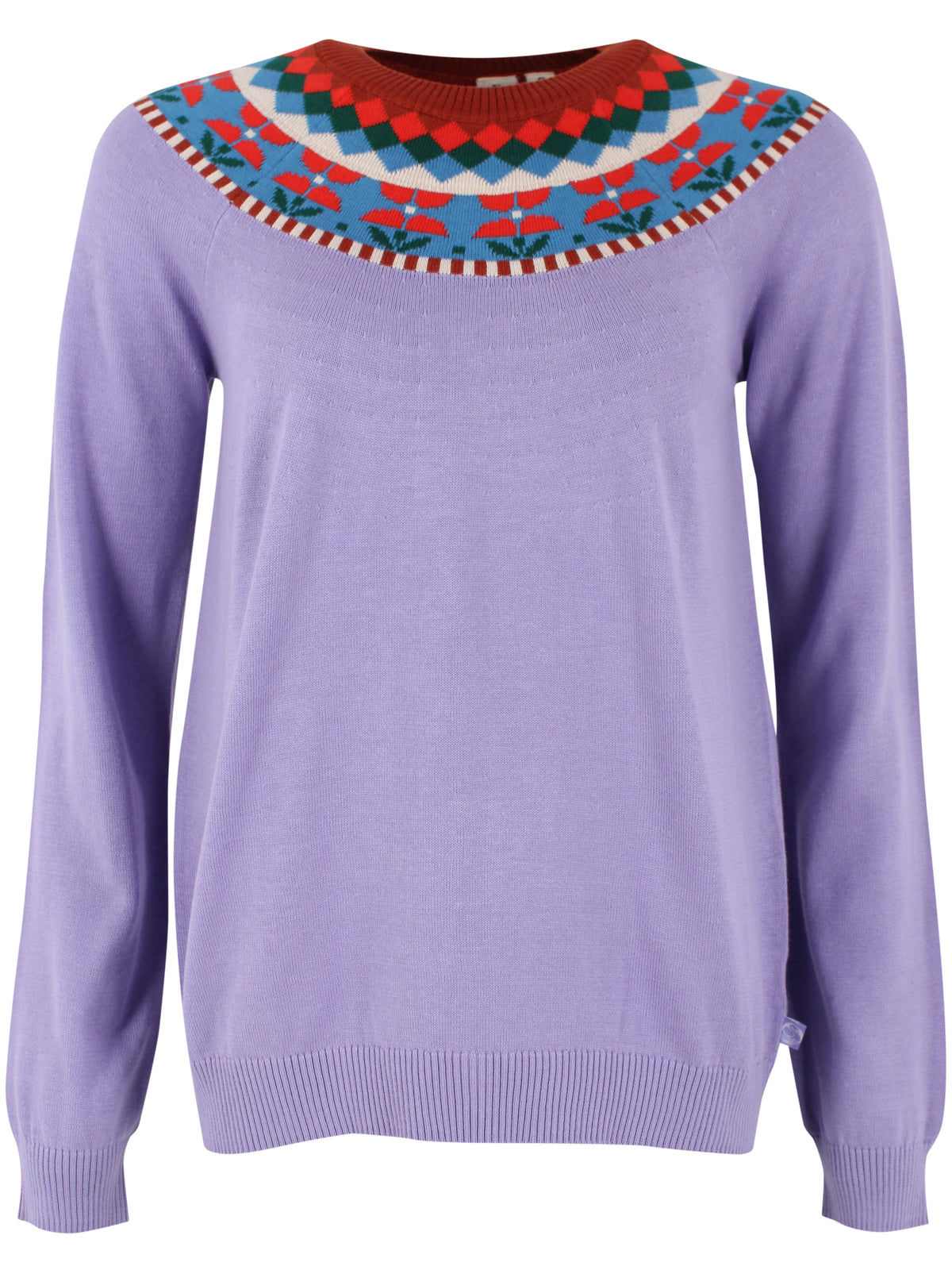 Sød sweater i lyslilla med flotte detaljer og blomstermønster til kvinder