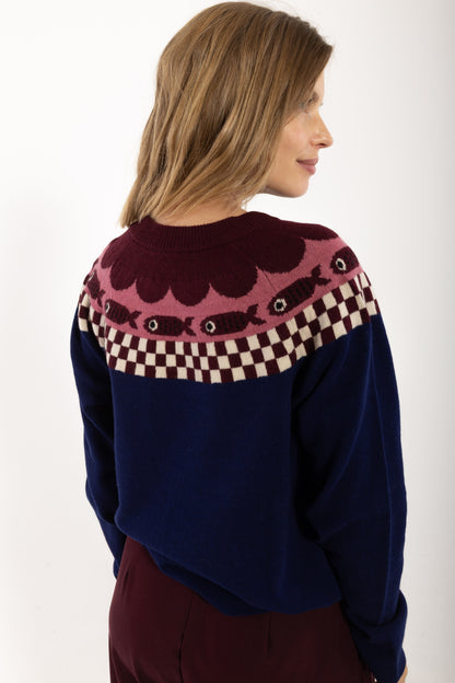 Danesidsel Merino Wool Sweater Deep Blue_Fish Jaquard