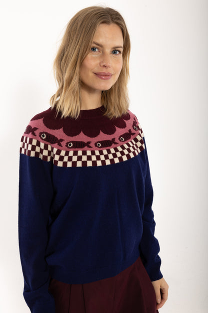 Danesidsel Merino Wool Sweater Deep Blue_Fish Jaquard