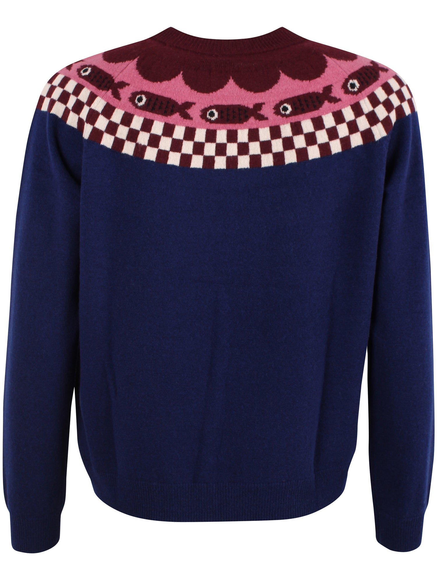 Sød mørkeblå sweater i 100% merinould med mønster af fisk til kvinder