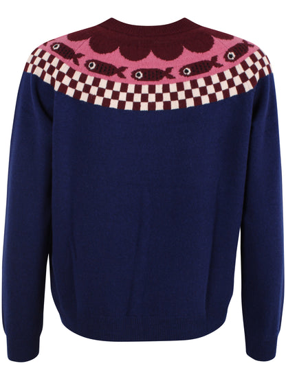 Sød mørkeblå sweater i 100% merinould med mønster af fisk til kvinder