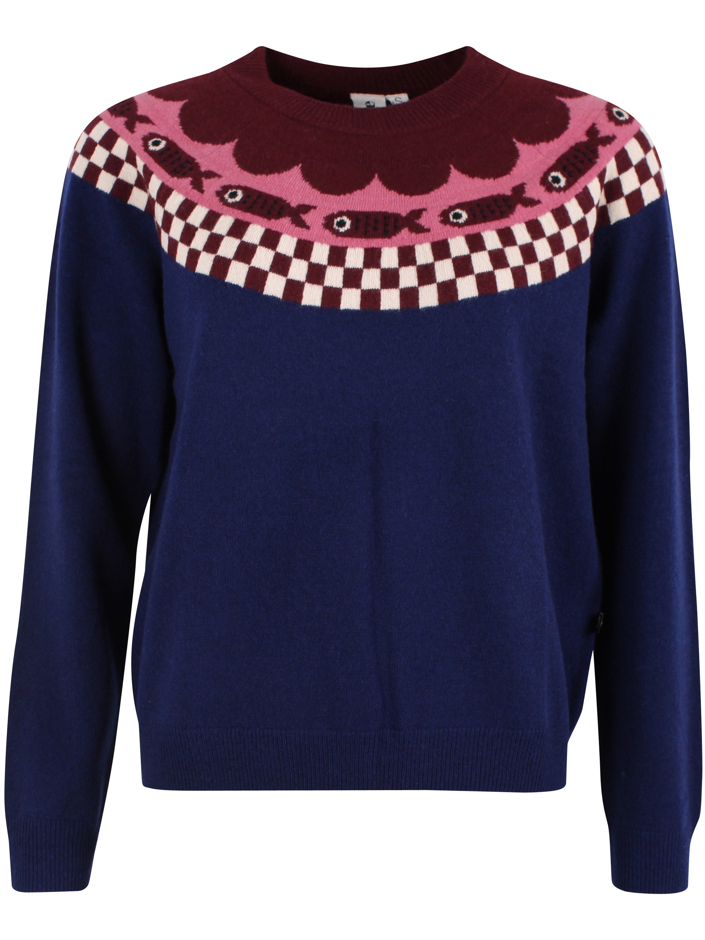 Sød mørkeblå sweater i 100% merinould med mønster af fisk til kvinder