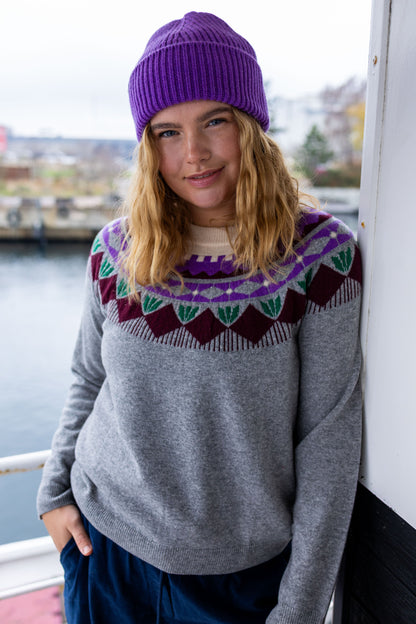 Danesidsel Merino Wool Sweater Heather Grey_Flower Jaquard