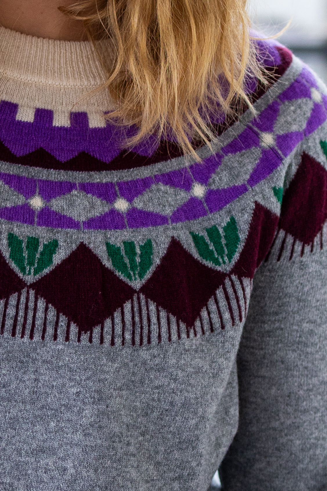 Danesidsel Merino Wool Sweater Heather Grey_Flower Jaquard