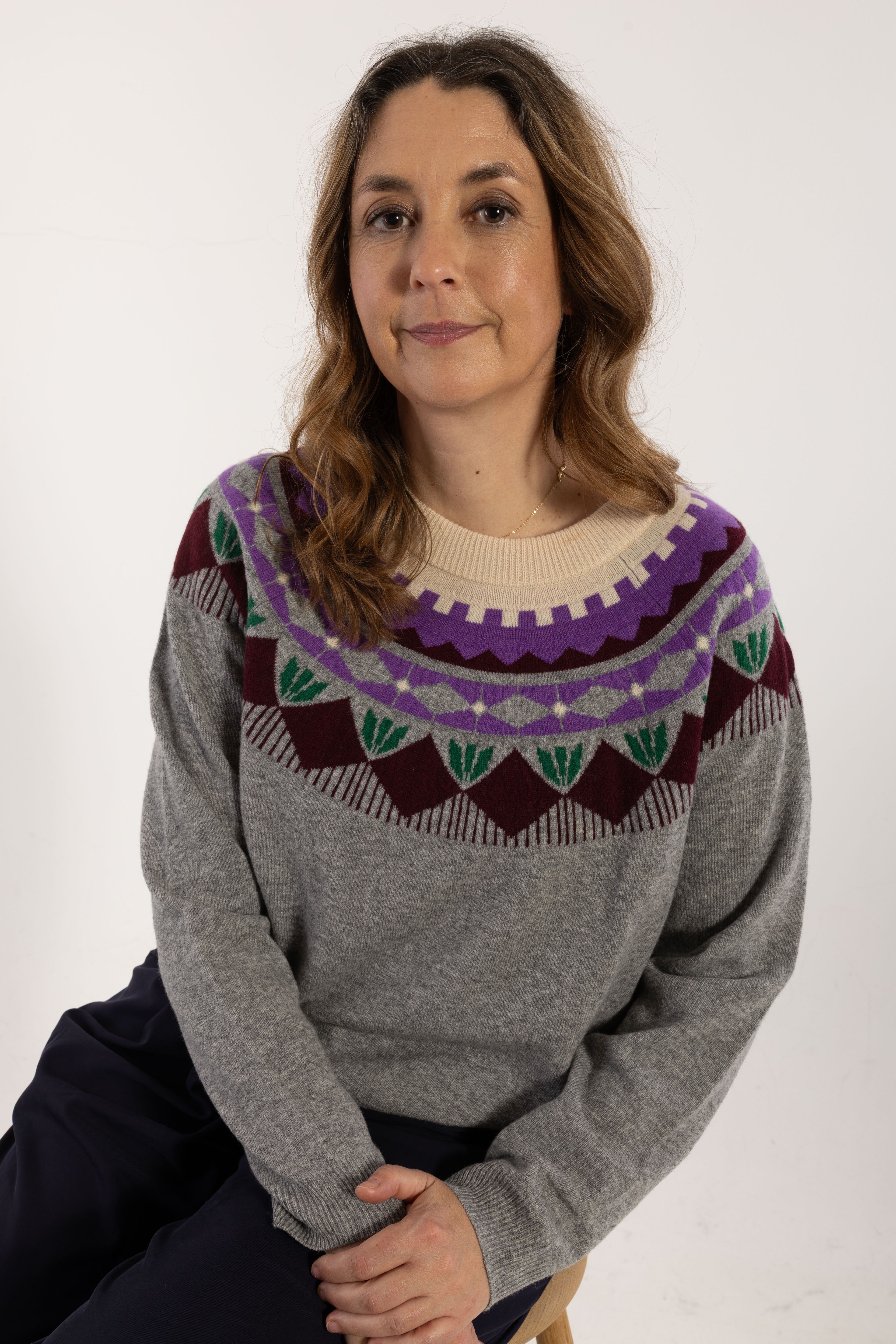 Danesidsel Merino Wool Sweater Heather Grey_Flower Jaquard