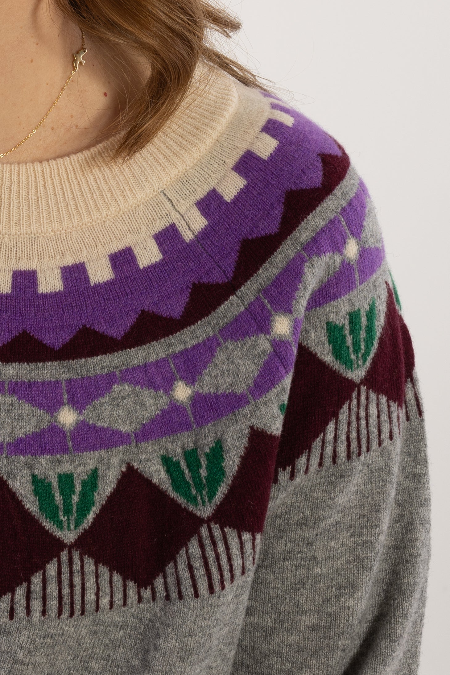 Danesidsel Merino Wool Sweater Heather Grey_Flower Jaquard