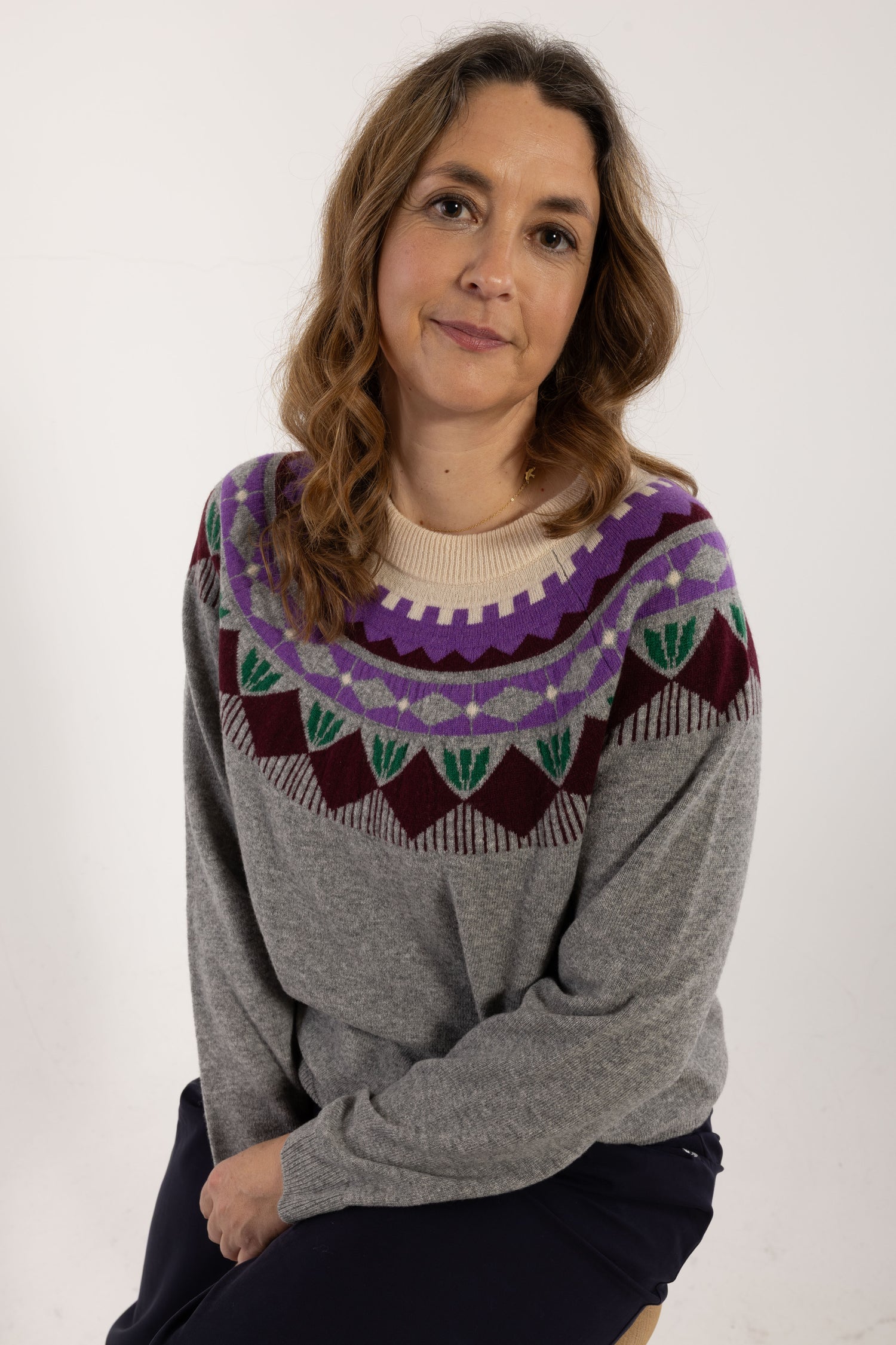 Danesidsel Merino Wool Sweater Heather Grey_Flower Jaquard