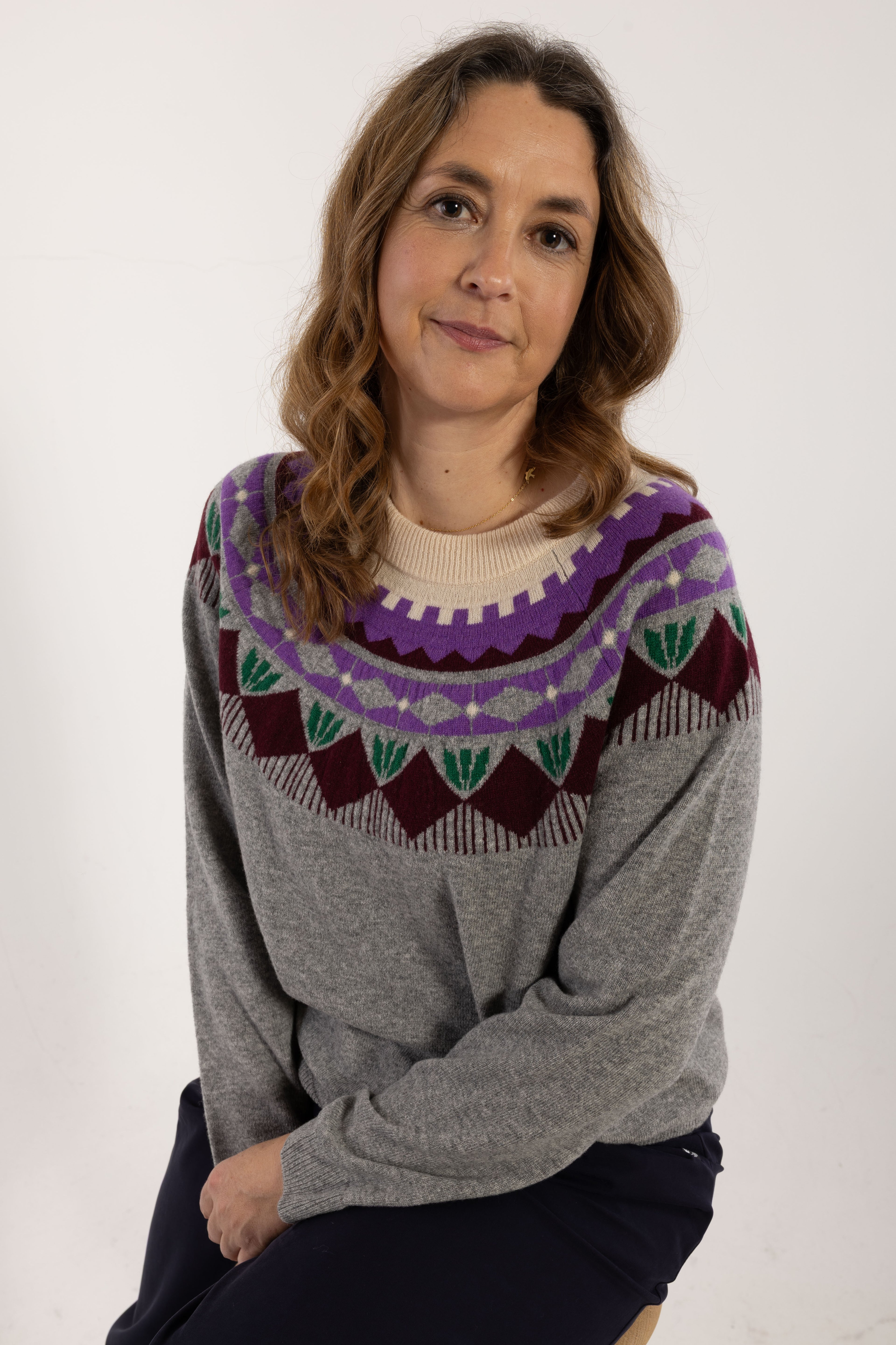 Danesidsel Merino Wool Sweater Heather Grey_Flower Jaquard