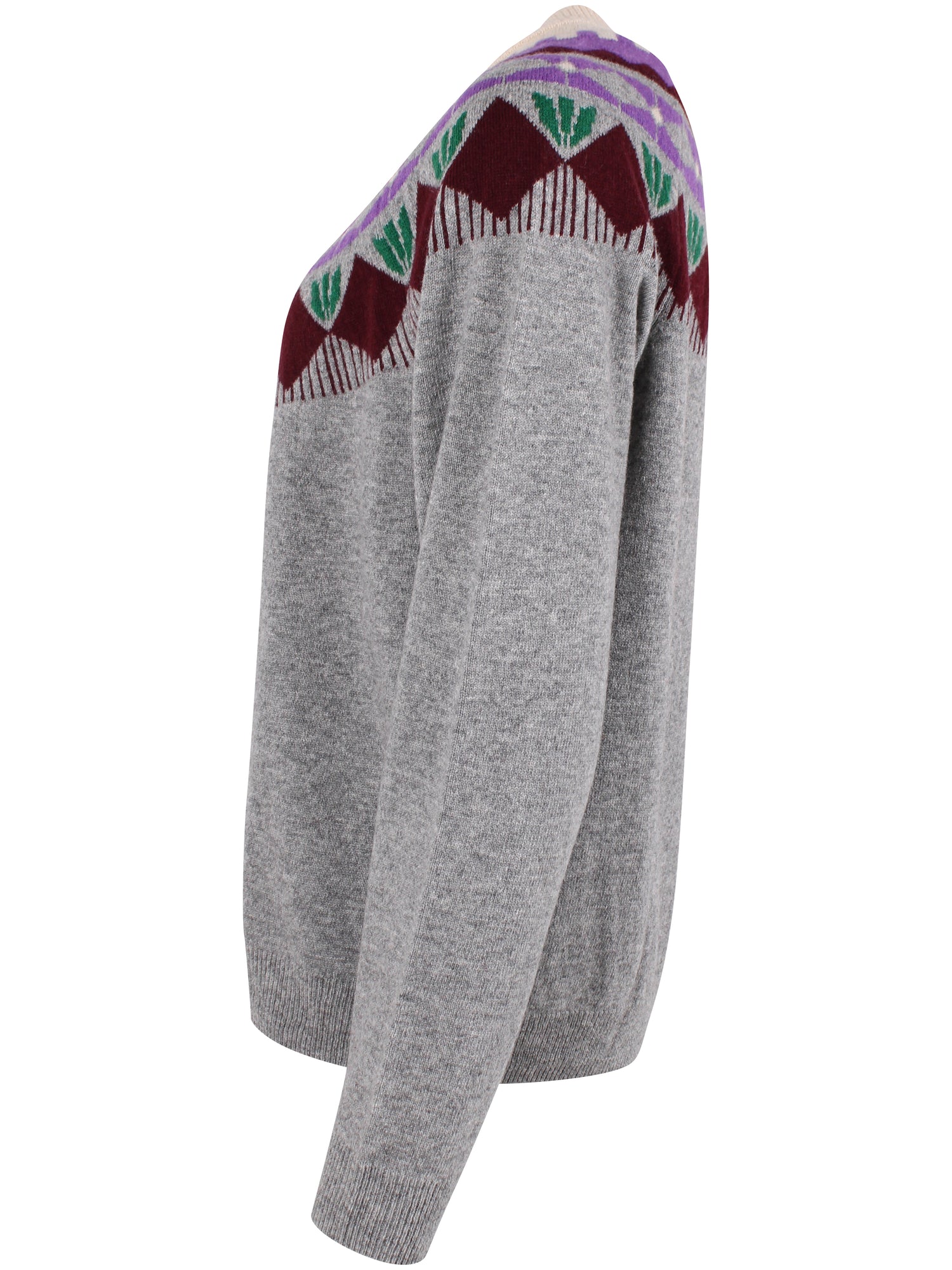 Sød grå sweater i 100% merinould med blomstermønster til kvinder