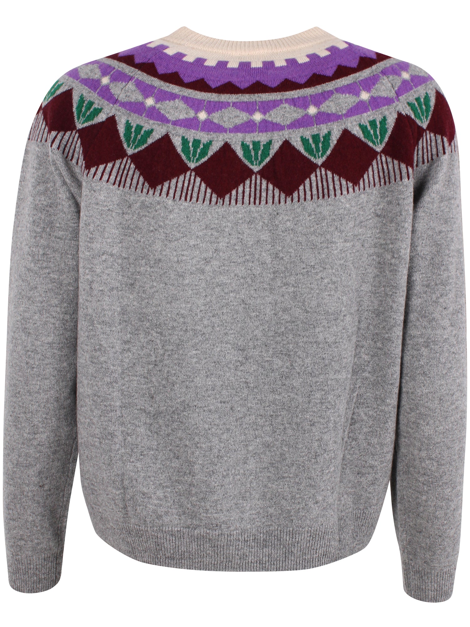 Sød grå sweater i 100% merinould med blomstermønster til kvinder