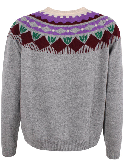 Sød grå sweater i 100% merinould med blomstermønster til kvinder