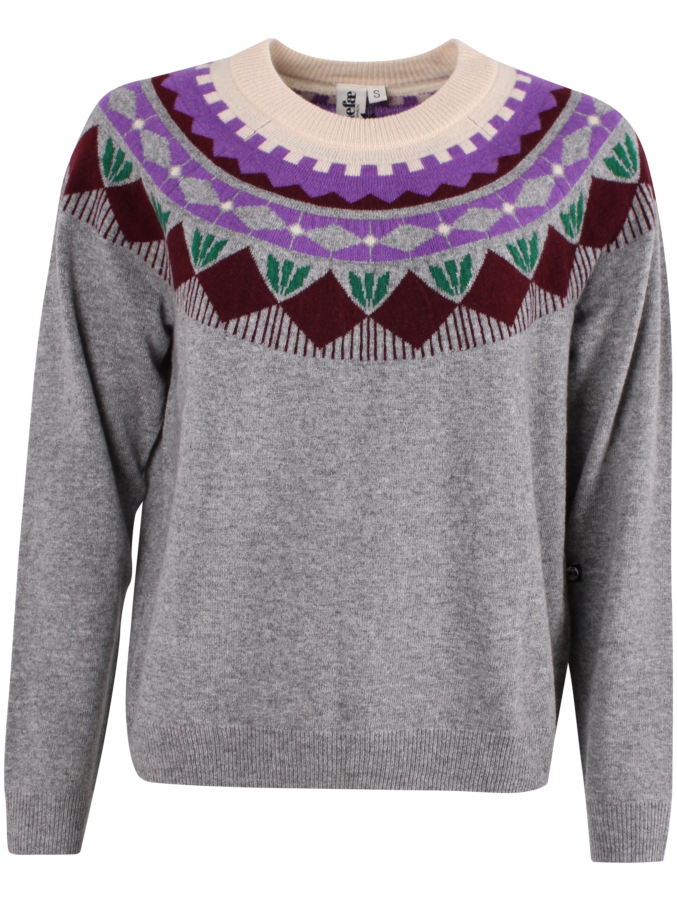 Sød grå sweater i 100% merinould med blomstermønster til kvinder