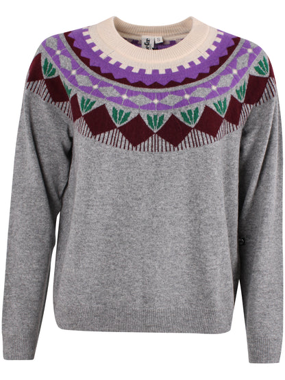Sød grå sweater i 100% merinould med blomstermønster til kvinder