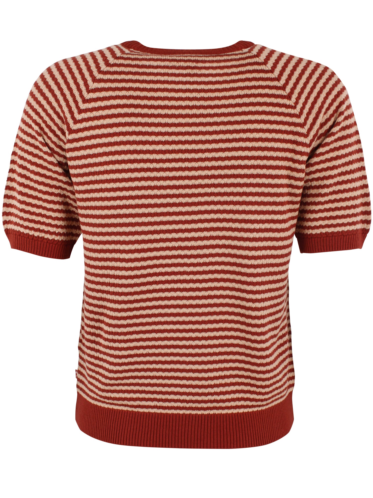 Sød kortærmet striktrøje med striber i rød og sandfarve til kvinder