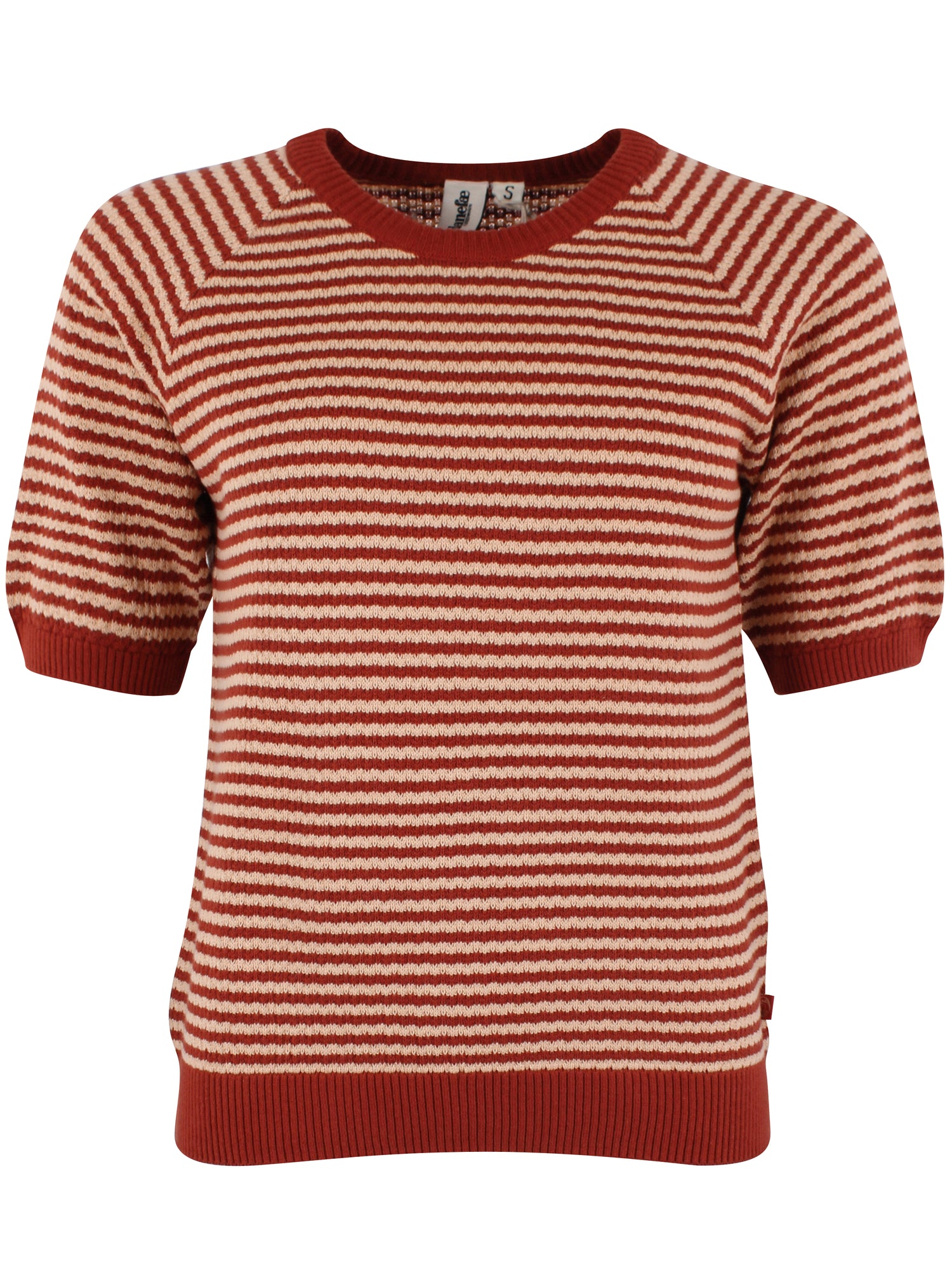 Sød kortærmet striktrøje med striber i rød og sandfarve til kvinder