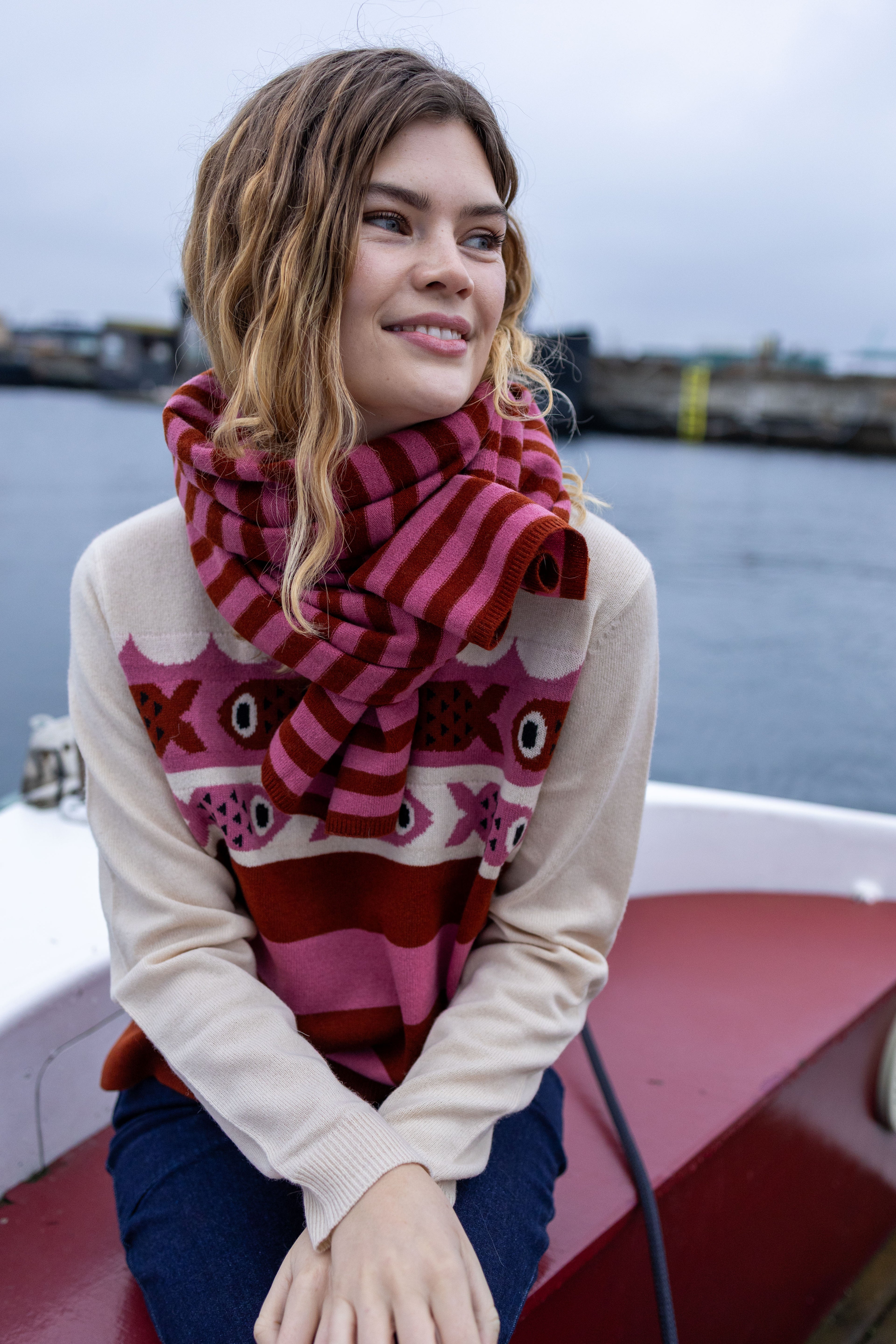 Danesong Merino Wool Sweater Light Beige/Chili/Berry Compote
