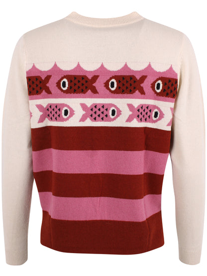 Sød sweater i merinould med mønster af fisk til kvinder