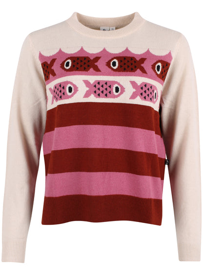 Sød sweater i merinould med mønster af fisk til kvinder