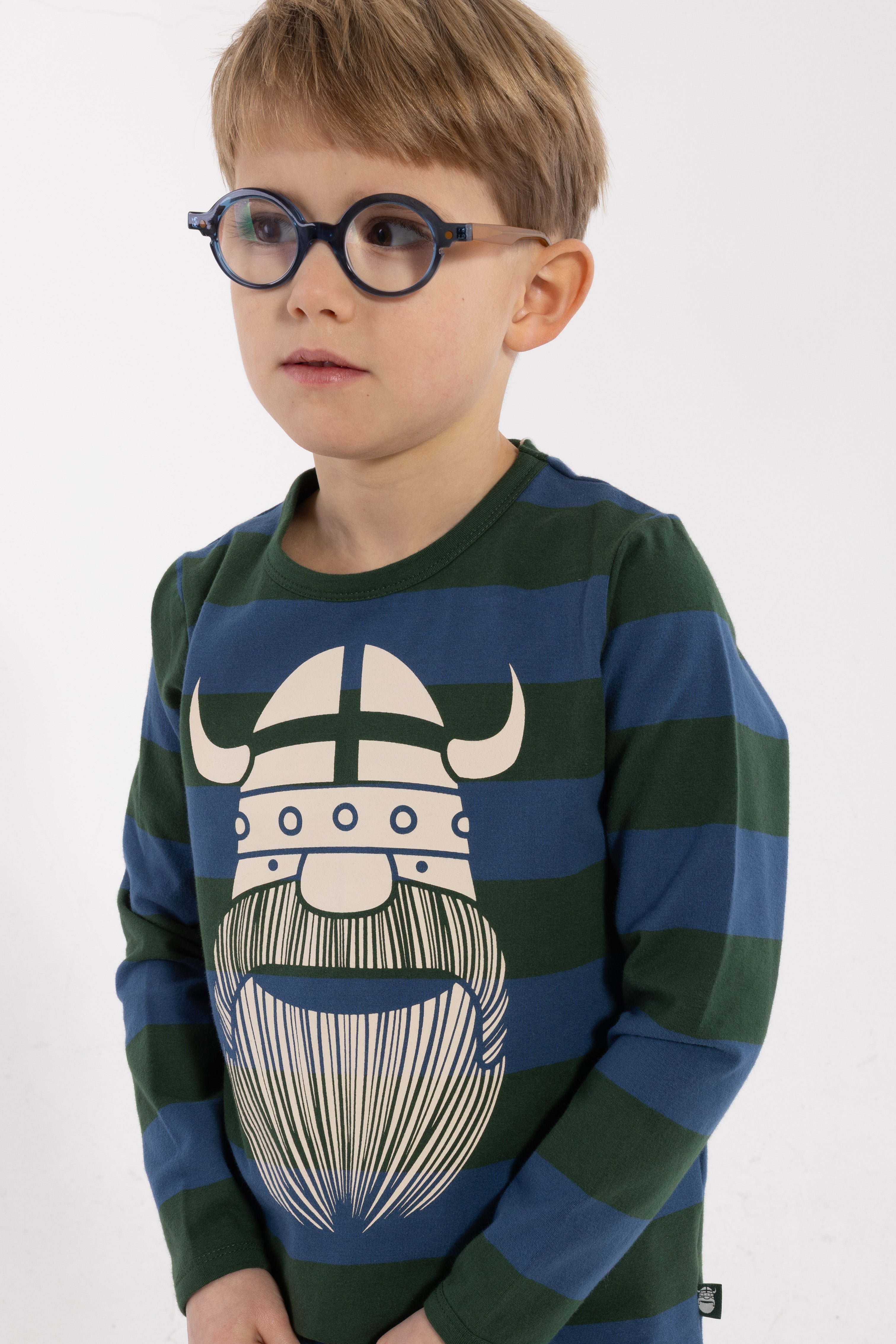 Stribet bluse i bomuld til børn med print af vikingen Erik