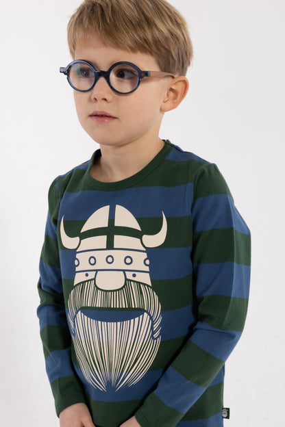 Stribet bluse i bomuld til børn med print af vikingen Erik