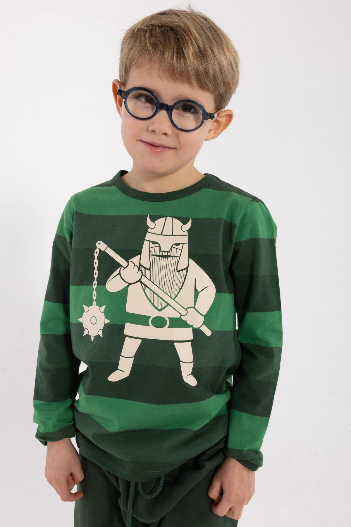 Stribet bluse i bomuld til børn med print af sej viking