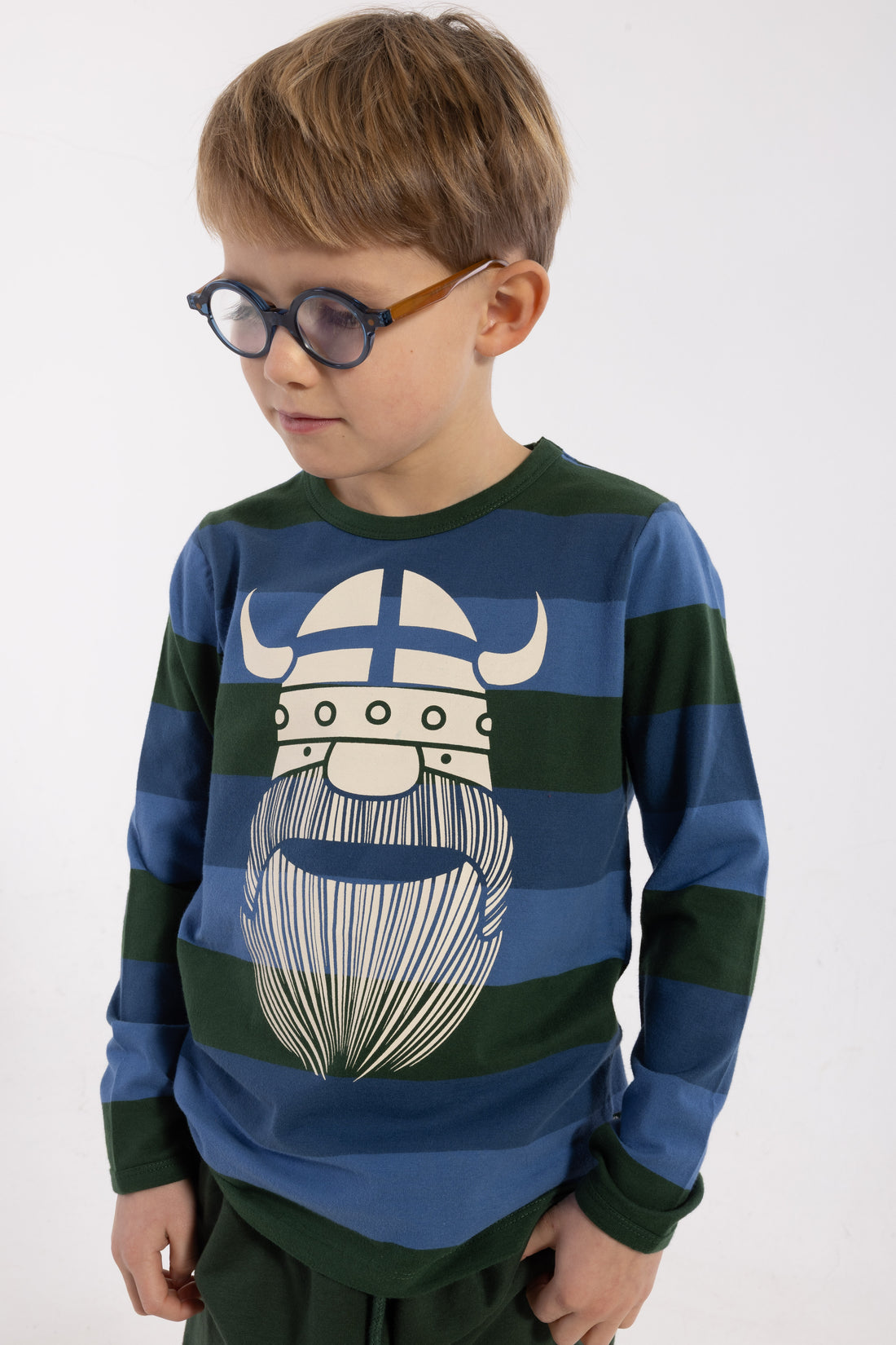 Stribet bluse i bomuld til børn med print af vikingen Erik