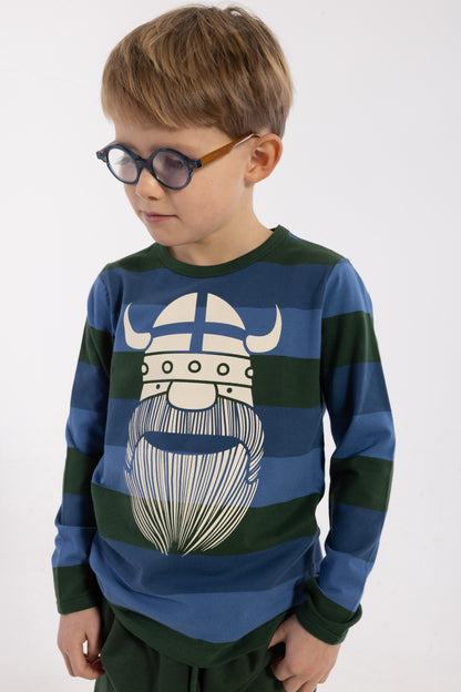 Stribet bluse i bomuld til børn med print af vikingen Erik