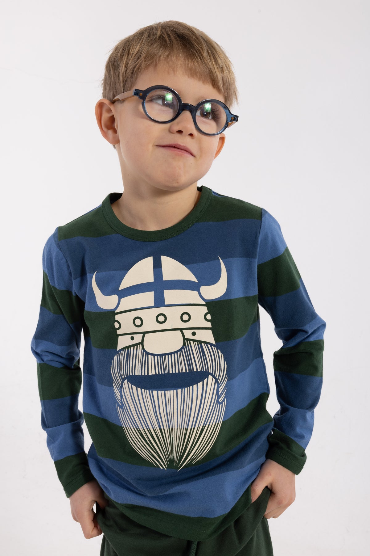 Stribet bluse i bomuld til børn med print af vikingen Erik