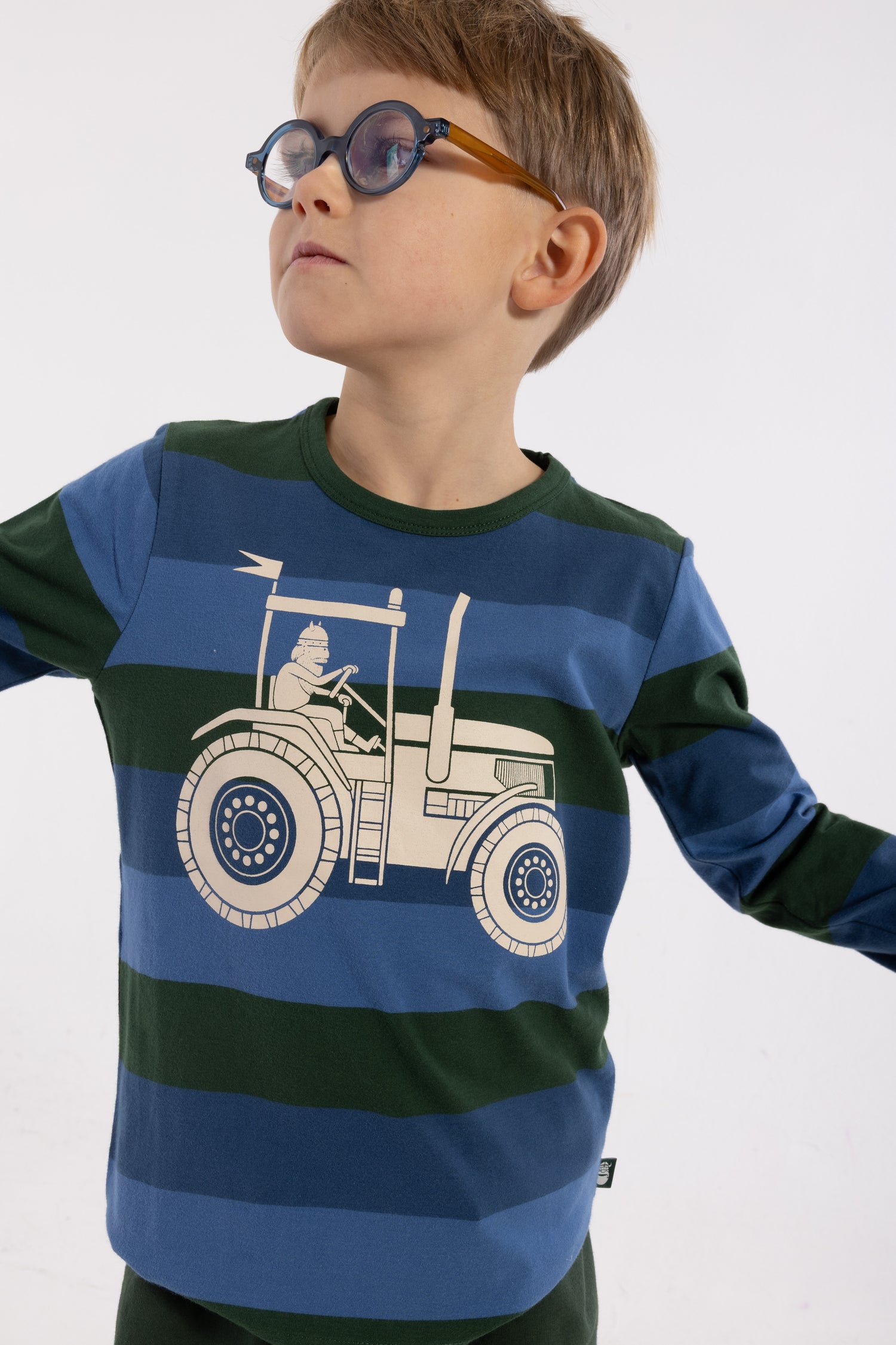 Stribet bluse i bomuld til børn med print af viking på traktor